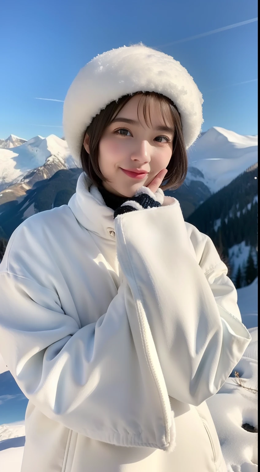 girl with,snowy mountain background,Mountaineering coat,Yarn hat,Yarn gloves,Put your hands over your mouth,Shorthair Cloudy sky with snow,bustup