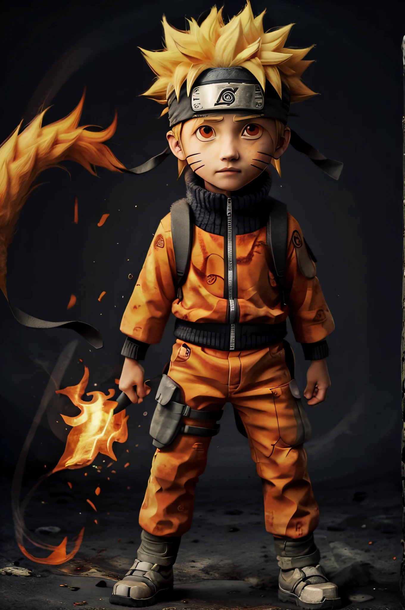 Naruto,1boy, black_background, fire, 9 fox tails,