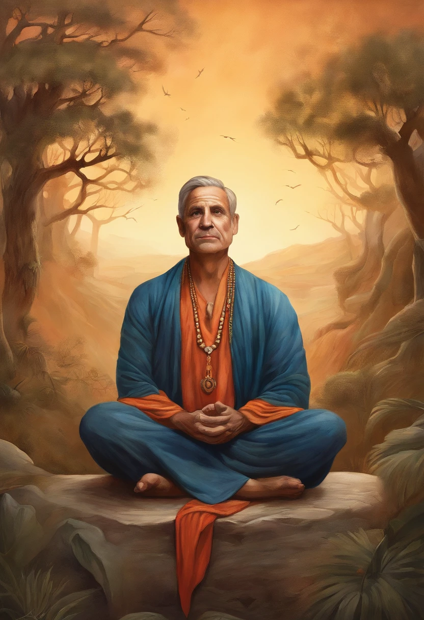 Mature men, sitting in a meditation position, In front of the beautiful Orissant, As the sun sets, Related to the sacred, Portrait photos, director: Drew Tucker, director: Adam Marchinski, director: Alexander Kucharisky, director: Gavin Nolan, 8K surrealism, director: Jason Felix, Yuri Shwedoff e Tom Bagshaw, illustrative art, Estello Eric Johnson