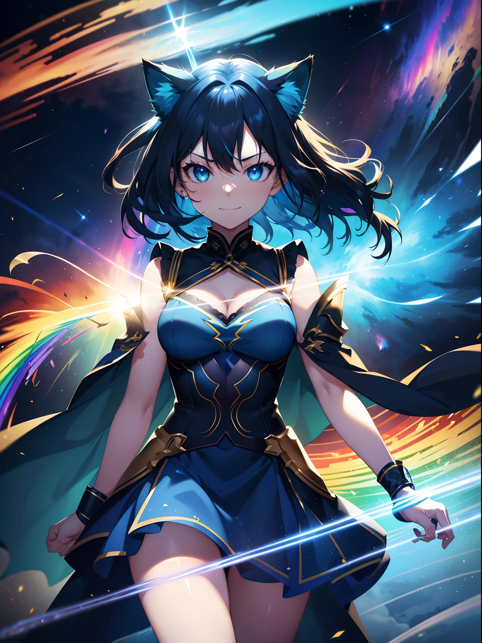 cat ear,She has orange hair,(Face Focus:1.3) (Rainbow Background:1.3),(angry,Smile:1.3) (close up of face:0.7), hair messy,a short bob,Bright smile,Blue Cloak War Maiden Costume, A vortex of lightning enveloped her, Canon 5D, 85 mm, depth of fields, 8K, ultra sharpness, nffsw, octane, Unreal, Dramatic light, Global Illumination,Motion Picture Film,rainbow,lensflare,Highly detailed,(Blue Thunder Wave Art:1.3),(Fantasia:1.3),(Agfacolor:1.3),(close portrait:1.3),(Feminine:1.4),(Beautiful:1.4),(Attractive:1.3),Move an angle,perfectly detailed eyes,Themed Background,Holy Sword,Brave Sword,Blue lightning,Mysterious Maiden