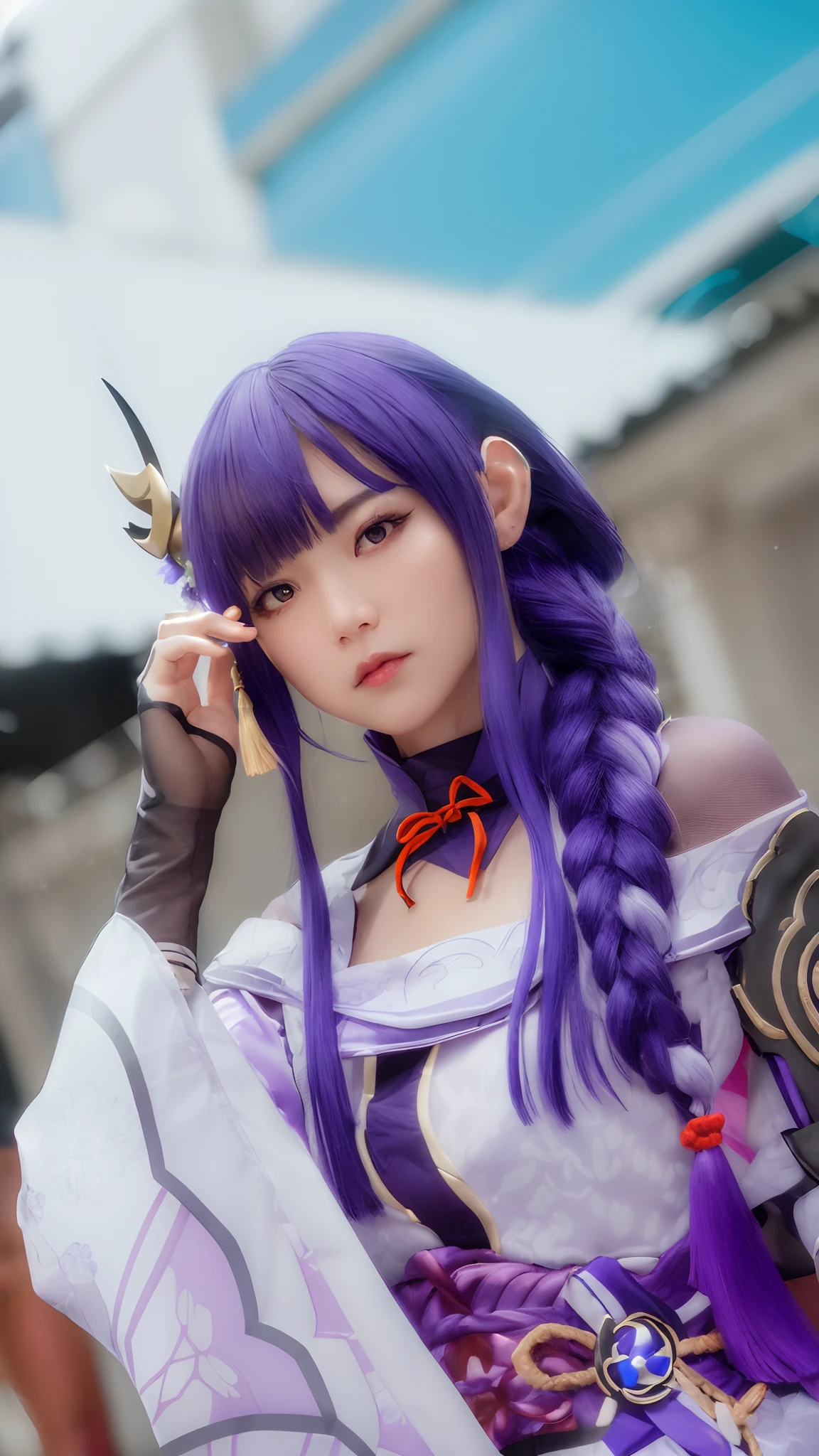 masterpiece, (photorealistic:1.5), best quality, beautiful lighting, real life,
Raiden Shogun \(genshin impact\), 1girl, ahoge, architecture, bangs, bare shoulders, bell, black gloves, black pantyhose, (blue hair), blush, breasts, chinese knot, detached sleeves, east asian architecture, flower knot, gloves, horns, long hair, looking at viewer, medium breasts, neck bell, night, outdoors, pantyhose, purple eyes, sidelocks, solo, tassel, white sleeves, (ulzzang-6500:0.5)
, intricate, high detail, sharp focus, dramatic, beautiful girl , (RAW photo, 8k uhd, film grain), caustics, subsurface scattering, reflections