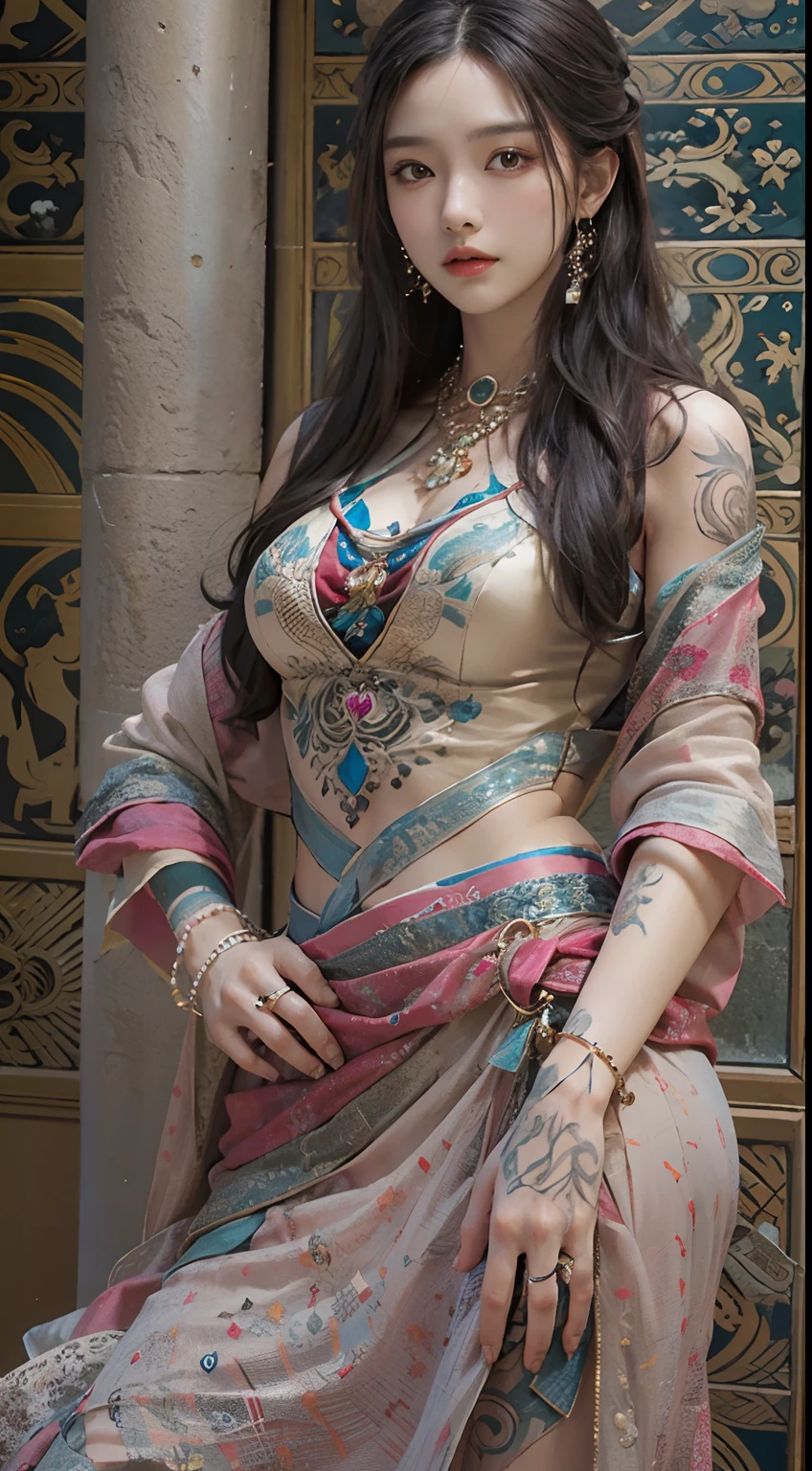 Photorealistic, high resolution, 1womanl, Solo, Hips up, view the viewer, (Detailed face), dunhuang_dress, jewelry, tattoo