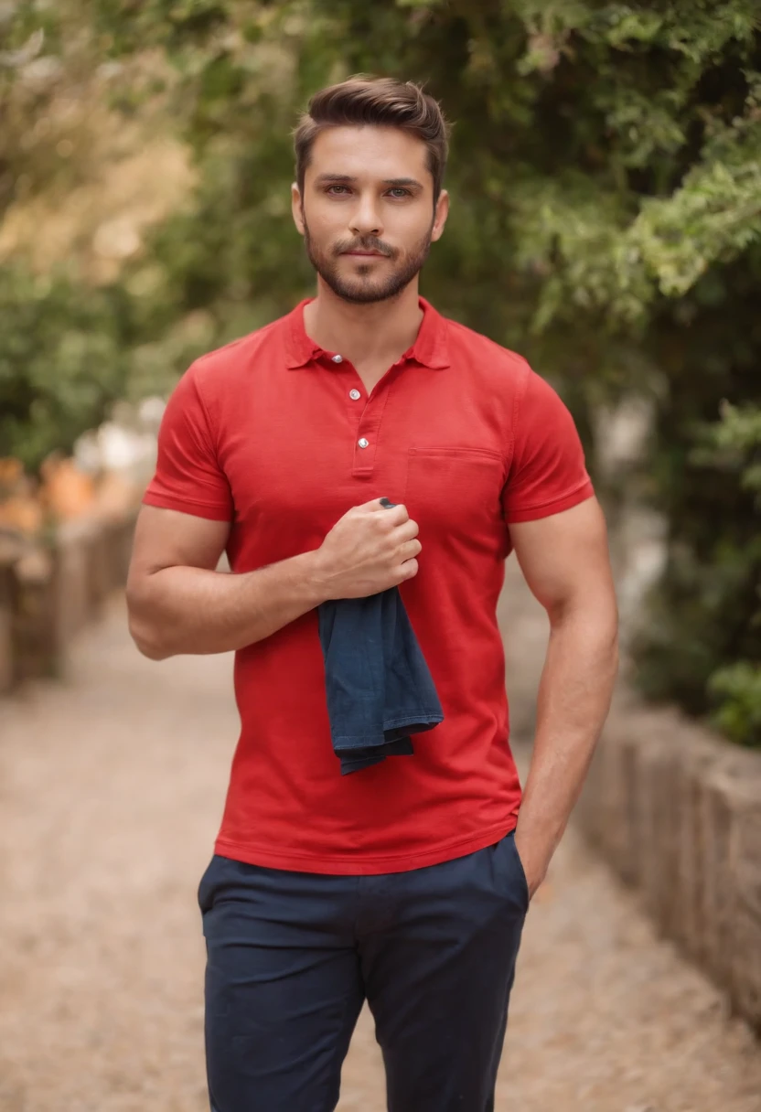 A man in a red shirt is standing with his hands in his pockets, camiseta vermelha, camisa vermelha, vermelho brilhante, vestindo roupas vermelhas, vestindo vermelho, restolho leve com camisa vermelha, tudo vermelho, cor vermelha, Coral Vermelho, Cor vermelha, Cor vermelha, roupas vermelhas, vestindo uma camiseta, Cores: Vermelho, roupas esportivas vermelhas