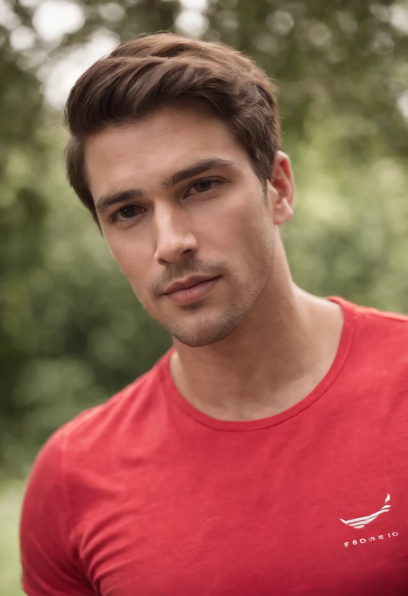 A man in a red shirt is standing with his hands in his pockets, camiseta vermelha, camisa vermelha, vermelho brilhante, vestindo roupas vermelhas, vestindo vermelho, restolho leve com camisa vermelha, tudo vermelho, cor vermelha, Coral Vermelho, Cor vermelha, Cor vermelha, roupas vermelhas, vestindo uma camiseta, Cores: Vermelho, roupas esportivas vermelhas