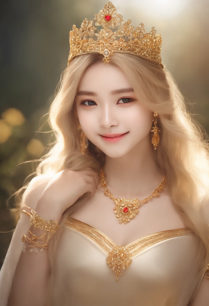 From 、holdingsword、 blonde girl、Double eyelids、eBlue eyes、Perfect female body、Brief Background、It's standing、look over here、A slight smil、Shunguang、long whitr hair、gold crown、Wearing jewelry、golden hair accessory、Gold necklace、big necklace、Gold-toned shoulder rest、Golden bangles、Gold thigh rest、Goldberries rest，Smooth skin，Openwork underwear，Childlike big breasts