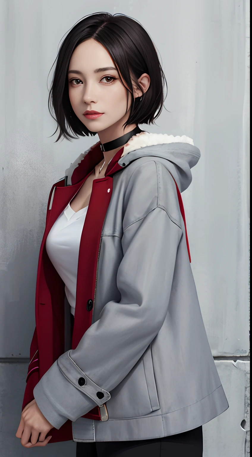 (masutepiece, Best Quality, 1girl in, Solo, Fine detail, chromatic abberation), Realistic, (Medium Breath)), pixie short hair, Sharp eyes, Choker, Open coat, (Symmetrical eyes), (Perfectly symmetrical body), Graffiti, Solid color background, Looking at the viewer, Guvez style artwork, Realistic art style, Woman taking photo in red coat and black pants