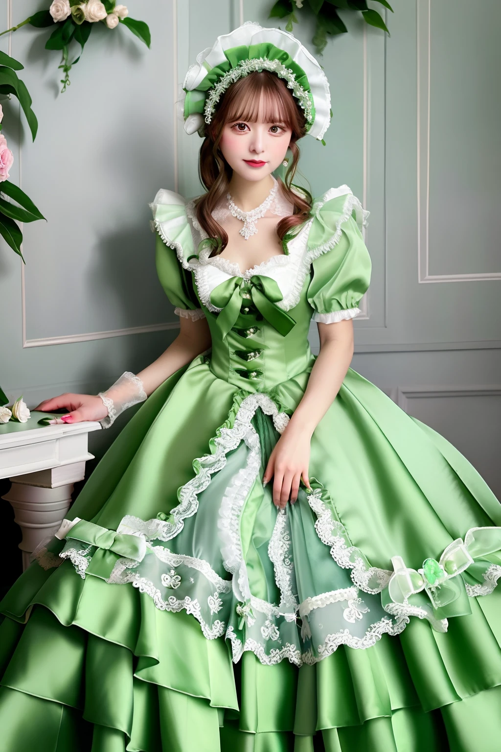 Close up portrait of woman in green satin dress and white satin gloves, rococo dress, rococo queen, Victorian green dress, rococo ruffles dress, dress in the style of rococo, fantasy dress, Lolita style, ethereal fairy tale, Icy green dress, victorian dress, Lolita Fashion, magical dress, Full dress, fairycore, Belle Delphine