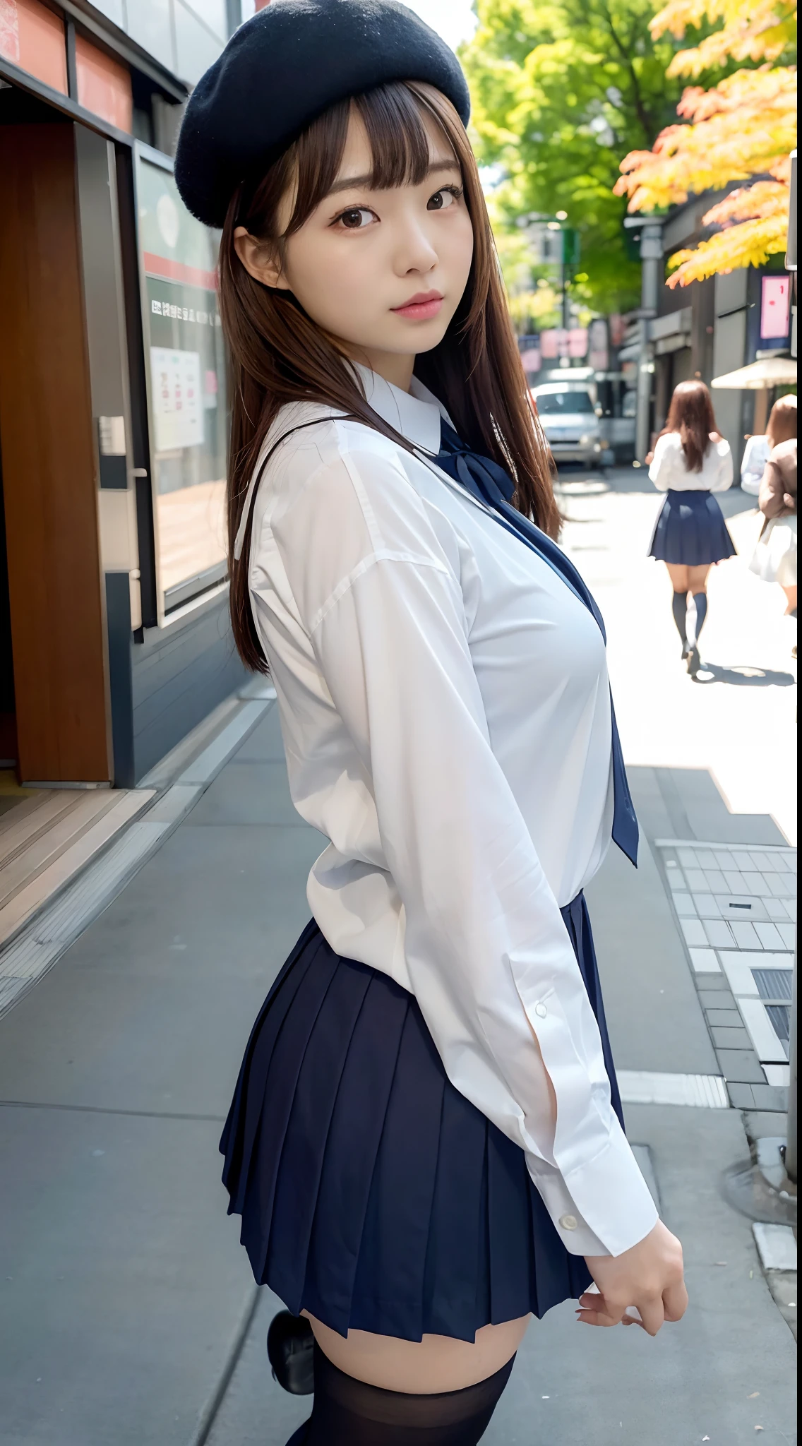 mix4, (16 K, Raw photography, Top image quality, masterpiece: 1.45), (realisitic, Photorealsitic: 1.37), one girls, 7.5, etc,cute little, A city scape,, profetional lighting, photon maping, Downtown Shibuya, physically-based renderingt, Gradient dark brown hair,, a handsome, Well-groomed and beautiful eyes、二重まぶた、girl with, (((student clothes、Long sleeve shirt worn by Japan high school girl、Navy blue vest、Ribbon-shaped tie、Dark blue over-the-knee skirt, Navy Blue Beret、Dark blue knee-high socks、Black loafers))), Top Quality Photos, hight resolution, 1080p, (clearface), (Detailed face description), (Detailed hand description), (masterpiece), (Exquisite CG)、extreme light and shadows、dishevled hair、master work、abundant detail、(Fine facial features)、(top quality photo)、(masuter piece)、(A detailed eye)、Look in front of you、Fine clavicle、((Slender big))、(((Japan schoolgirl wears a long-sleeved shirt)))、((Sexy Idol System))、((Gingko tree-lined shopping street))、(Shooting from random perspectives)、(((Anyway cute)))、耳Nipple Ring、A big smile、Drawing the whole body from the knees、Do not draw nasolabial folds、(((Shoulder bags used by Japan schoolgirls)))、(Big breasts that hang down big:1.2)、Big buttocks with tension、Two arms and two legs、(((from the front side)))、bare hand、