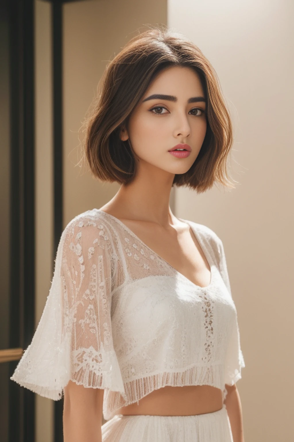 ((Realistic lighting, Best quality, 8K, Masterpiece: 1.3)), Clear focus: 1.2, 2girl, Perfect Figure: 1.4, Slim Abs: 1.1, ((short bob hair)), ( ethereal white dress: 1.4), Super fine face, Fine eyes, Double eyelids, woman is posing, inspired by Gina Pellón, instagram, tachisme, violet myers, lorena avarez, olivia culpo, alanis guillen, looks like kendall jenner, sophie mudd, tanned ameera al taweel, beautiful iranian woman, full body image