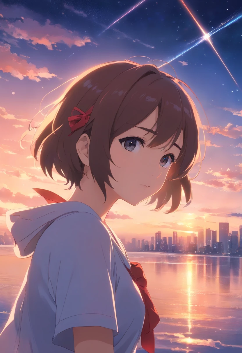 tmasterpiece,best qualtiy,cinematic Film still from,Solo,1girll,Fine face,Fine hair,finely quality eyes,white dresses,Red ribbon,Cross your hands over your chest,(night sky background:0.7)