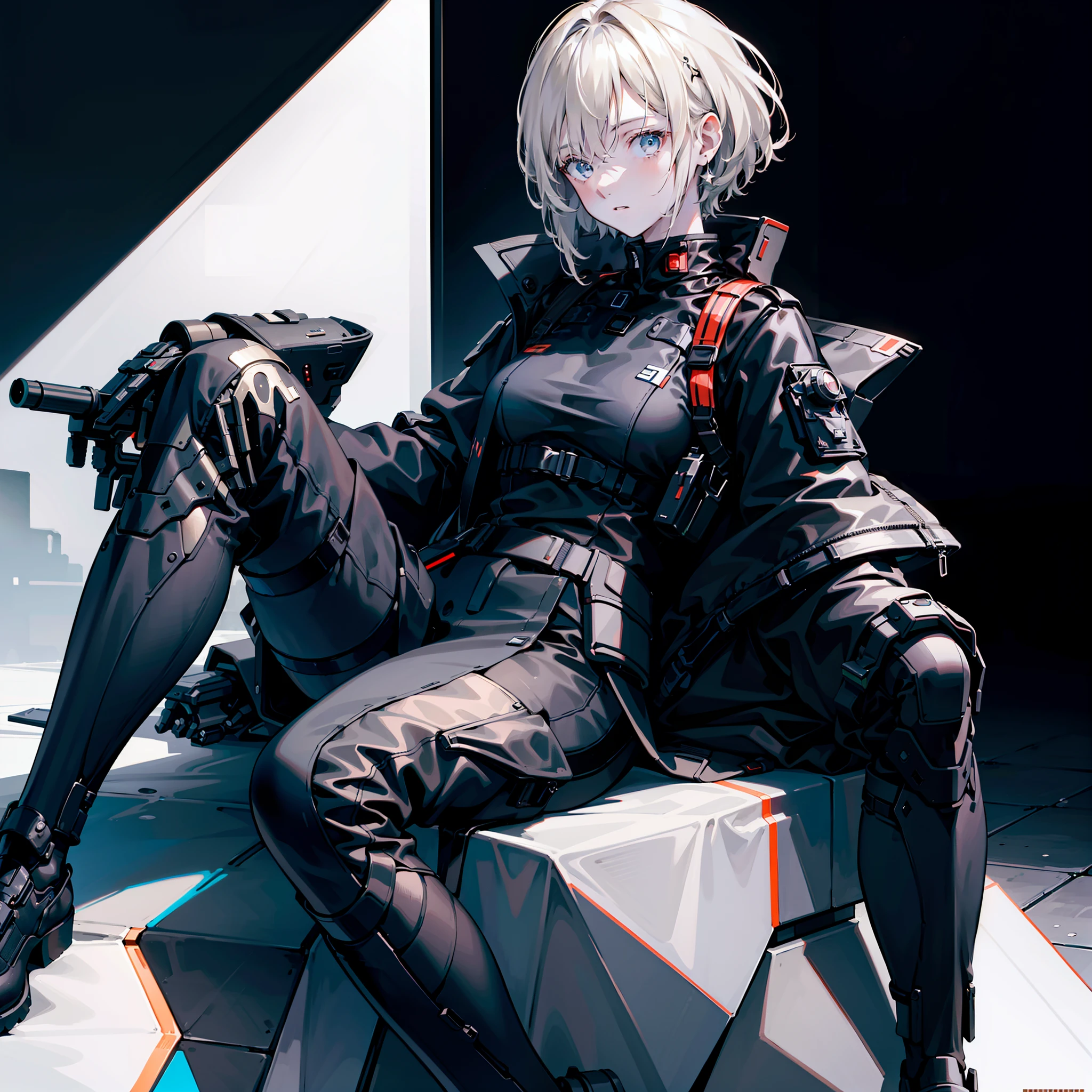 1woman, cool, tall, mature, sci fi, wearing completely black military uniform, isolated on completely pitch black background, high res, ultrasharp, 8K, masterpiece, looking at viewer, HDR, sharp focus, absurdres, bokeh