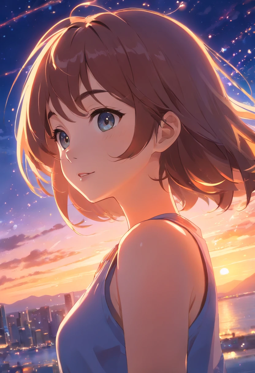 obra-prima, melhor qualidade, filme ainda, 1girl, garota nuvem, floating into the sky, close-up, brilhante, feliz, Soft lighting and Warm, sun sunset, (Sparks: 0,7), sensual , langeri transparente, rosto corado