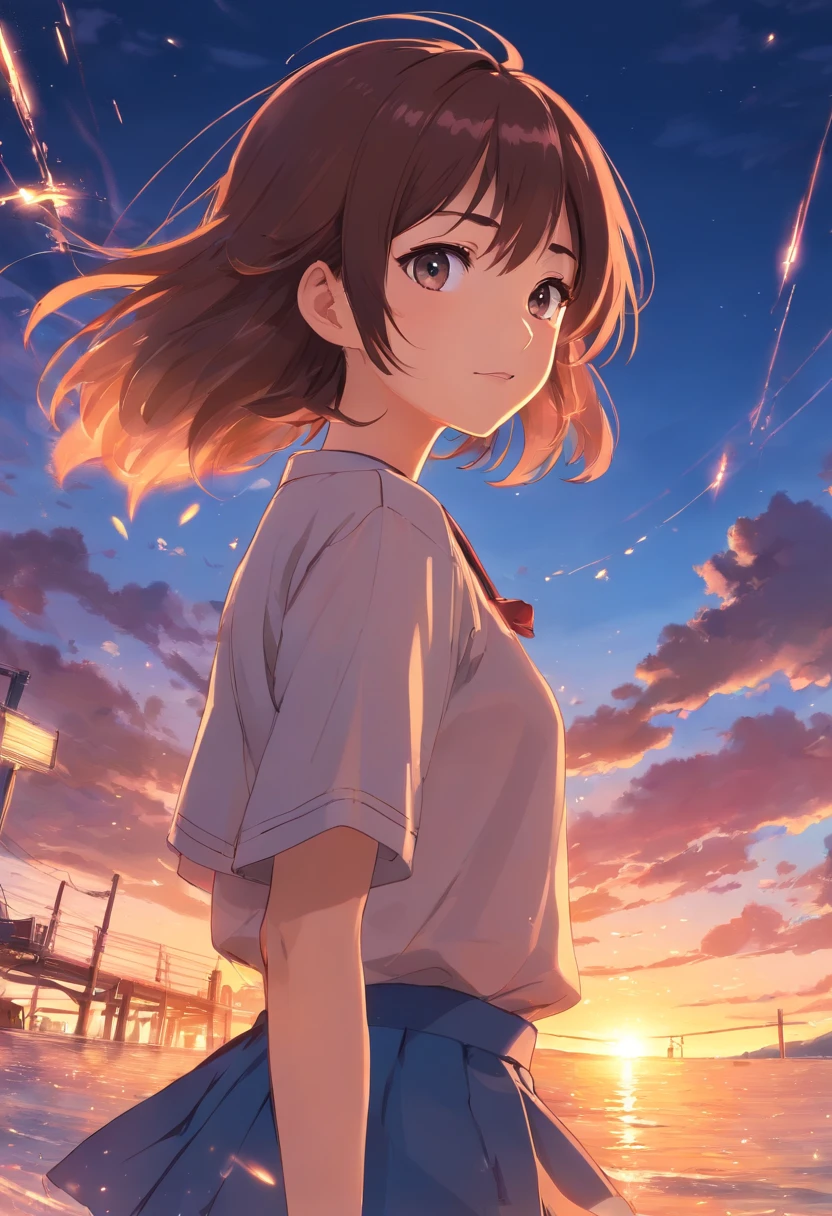 obra-prima, melhor qualidade, filme ainda, 1girl, garota nuvem, floating into the sky, close-up, brilhante, feliz, Soft lighting and Warm, sun sunset, (Sparks: 0,7), sensual , langeri transparente, rosto corado