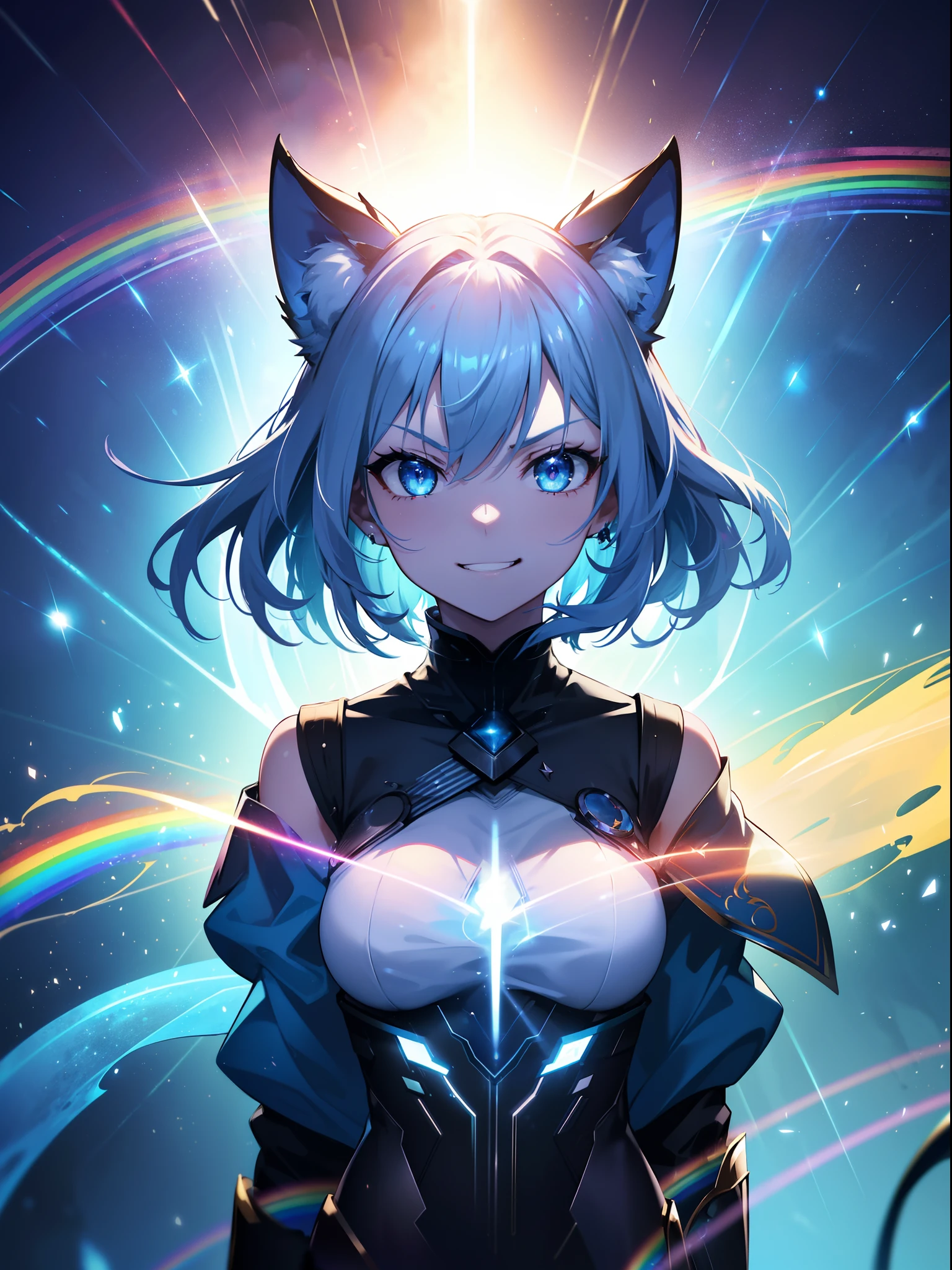 Cat's ears,She has light blue hair,(Face Focus:1.3) (Rainbow Background:1.3),(angry,Smile:1.3) (close up of face:0.7), hair messy,a short bob,Bright smile,Blue Cloak War Maiden Costume, A vortex of lightning enveloped her, Canon 5D, 85 mm, depth of fields, 8K, ultra sharpness, nffsw, octane, Unreal, Dramatic light, Global Illumination,Motion Picture Film,rainbow,lensflare,Highly detailed,(Blue Thunder Wave Art:1.3),(Fantasia:1.3),(Agfacolor:1.3),(close portrait:1.3),(Feminine:1.4),(Beautiful:1.4),(Attractive:1.3),Move an angle,perfectly detailed eyes,Themed Background,Holy Sword,Brave Sword,Blue lightning,Mysterious Maiden