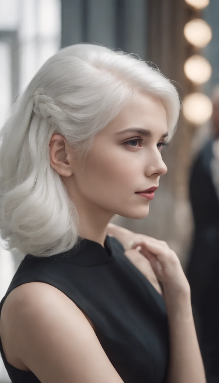 White hair wearing black dress girl back