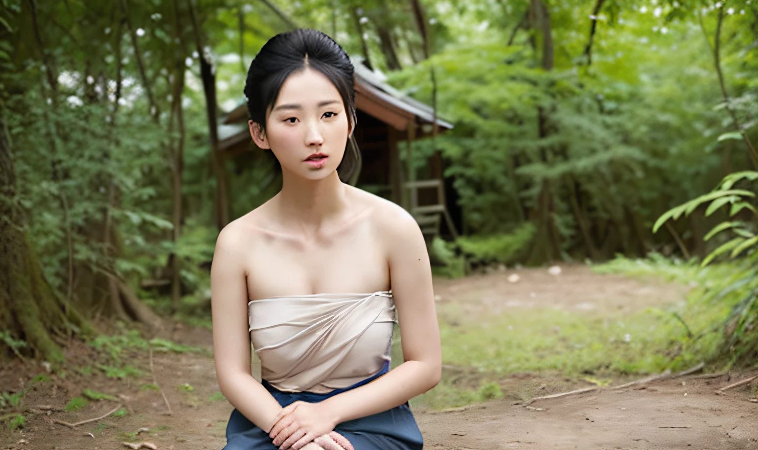 There was a woman sitting on a bench in the woods., a young asian woman, Center portrait, portrait shot,Exquisite Face, Beautiful Asian woman sitting, Image 7 0mm., Vertical 60mm., portrait, a young asian woman, portait image, Standing outside a wooden hut, asian women, portait image, Seriously calm.