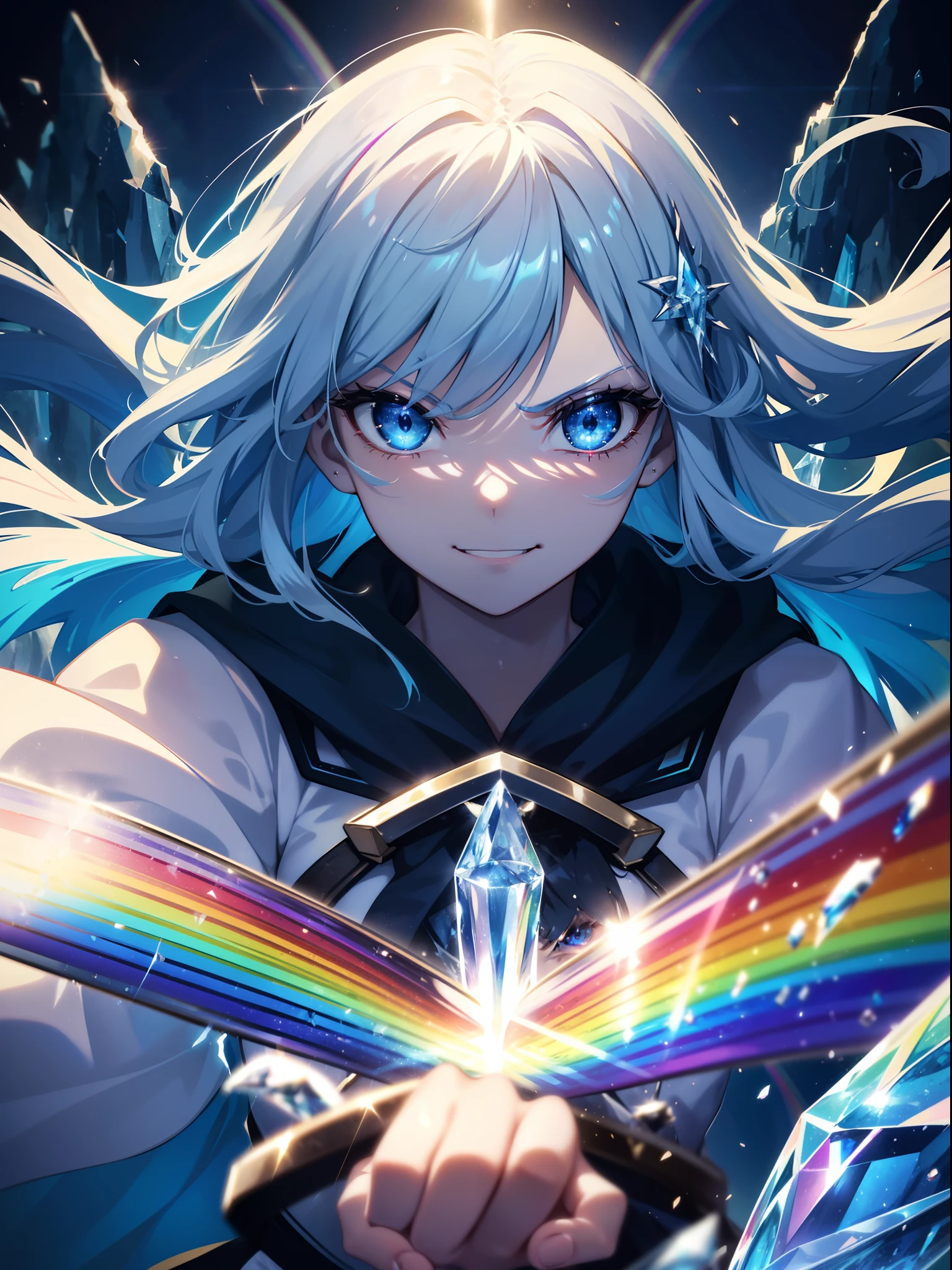 Cat's ears,She has light blue hair,(Face Focus:1.3) (Rainbow Background:1.3),(angry,Smile:1.3) (close up of face:0.7), hair messy,a short bob,Bright smile,Blue Cloak War Maiden Costume, A vortex of lightning enveloped her, Canon 5D, 85 mm, depth of fields, 8K, ultra sharpness, nffsw, octane, Unreal, Dramatic light, Global Illumination,Motion Picture Film,rainbow,lensflare,Highly detailed,(Ice Crush Art:1.3),(Fantasia:1.3),(Agfacolor:1.3),(close portrait:1.3),(Feminine:1.4),(Beautiful:1.4),(Attractive:1.3),Move an angle,perfectly detailed eyes,Themed Background,Holy Sword,Brave Sword,Blue lightning,Mysterious Maiden