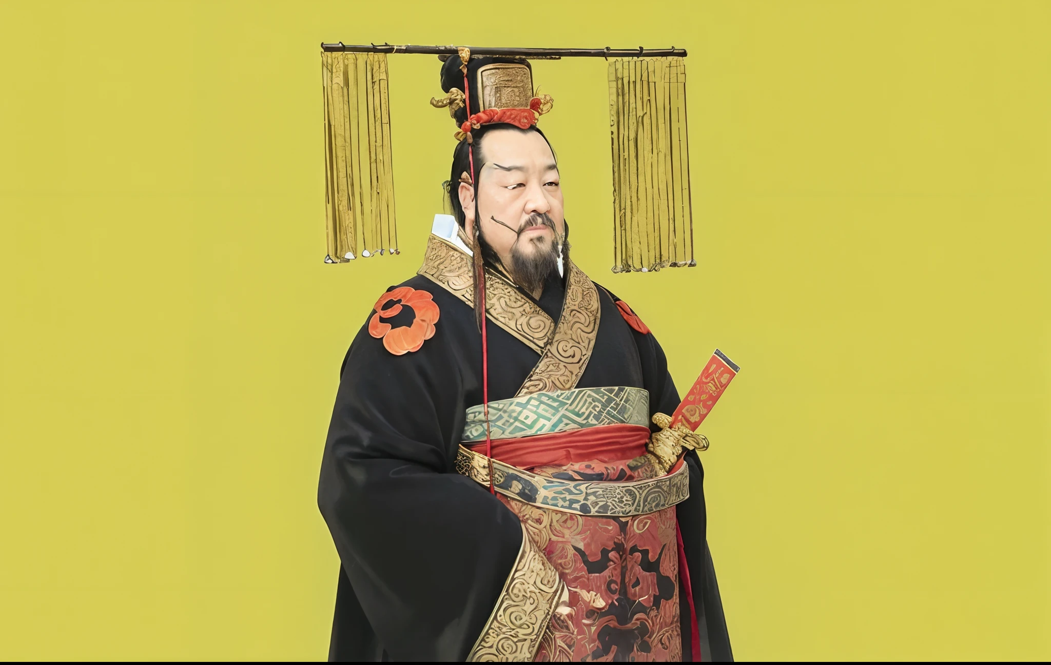 Close-up of a man in a black robe, Inspired by Chinese emperors, By the First Emperor, Qin Dynasty, China， confucius and jury trial, inspired by Li Cheng, inspired by Dong Yuan, inspired by Emperor Huizong of Song, Emperor, inspired by Huang Ding, royal emperor, proud emperor, Inspired by Guo Xi