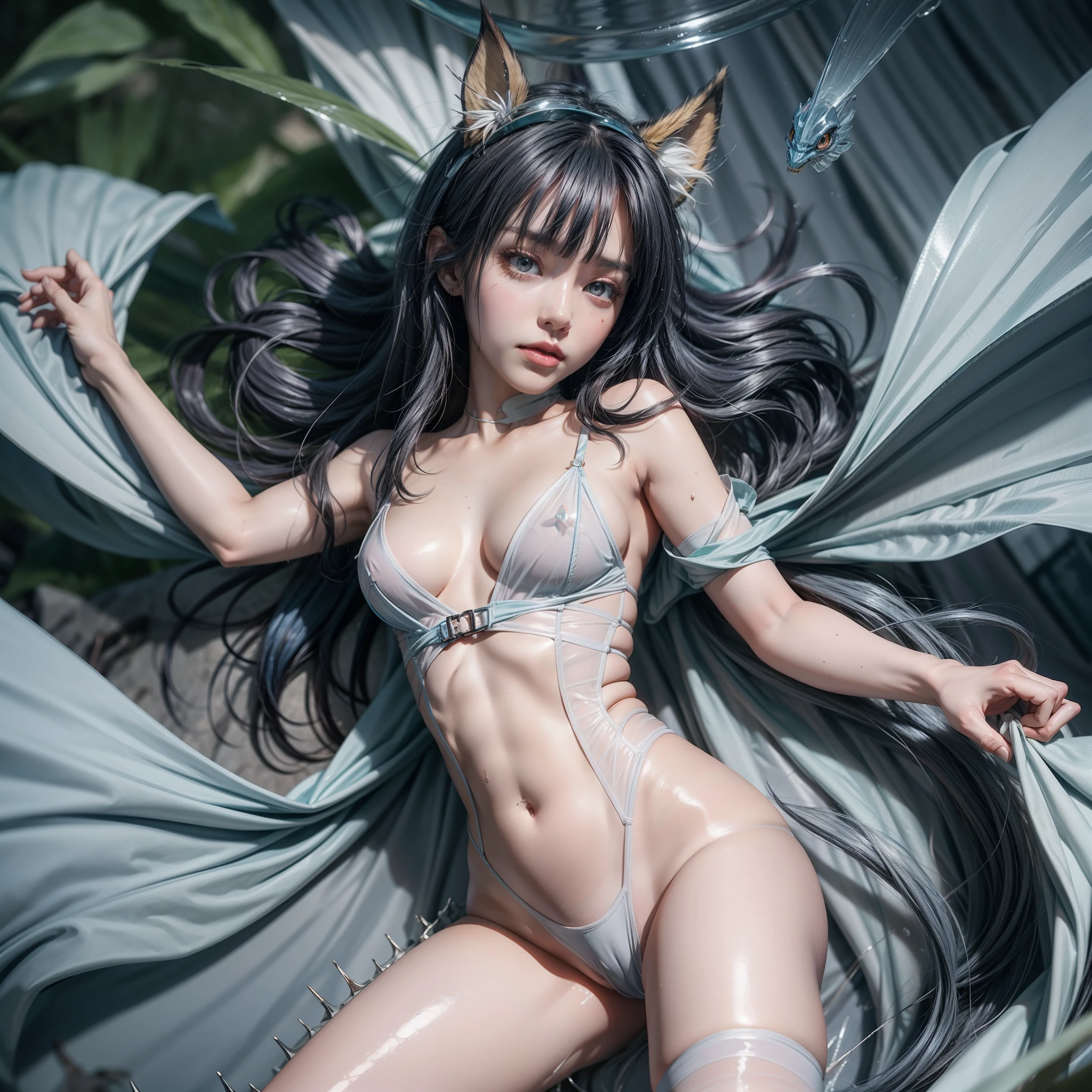 (realisticlying,A high resolution:1.8), 1 small curved ,Colored hair,Lie at the bottom of the sea,full bodyesbian,Surrounded by monsters and dragons,Beauty wears transparent gel coat,Reveals a slender waist,The lines are perfect,Raised sexy,Blushlush,Alice \(Nikke\),Spread your legs,Hands touch the inner thighs,The shoulders and navel are clearly visible,Low angle view,
