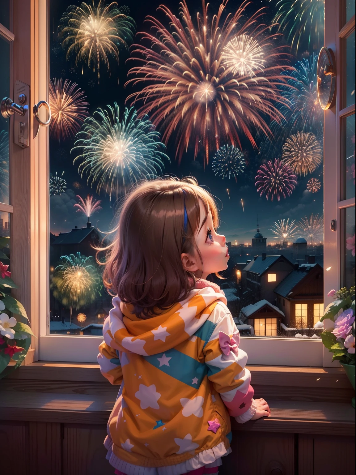 Funny picture，at winter season，Cute *********** with her back looking out the window，baby cats，Brilliant fireworks outside the window，Huge fireworks，Extremely colorful，Colorful