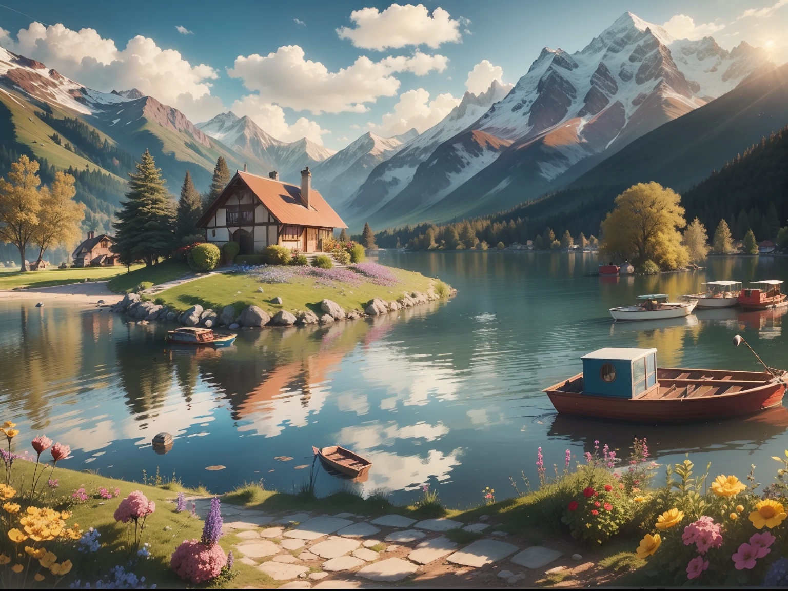 Villa by the lake, small boats,  wildflowers, snow mountains, Blue sky. and the sun was shining brightly, the detail， 4K， k hd， high high quality.