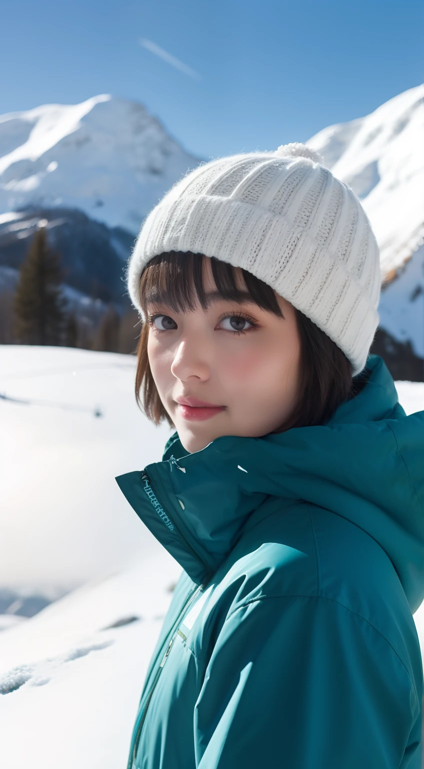 girl with,Shorthair,Ski Wear,snowy mountain background,Snow weather,🏂,❄️