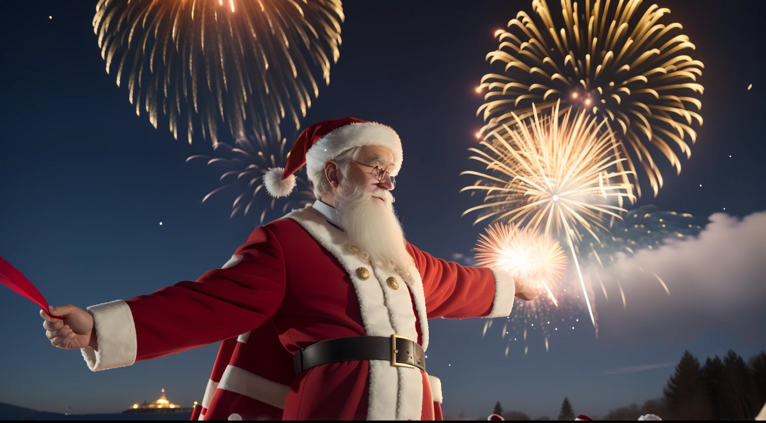 Fireworks set off over the flying Santa Claus