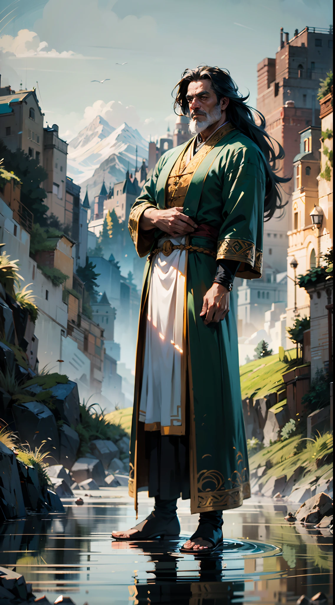 A middle-aged man around 50 years old, disheveled long hair and a long beard, his calm expression reveals wisdom, he wears a loose-fitting moss green robe, golden embroidery patterns, stands confidently in the wind, in a mountain valley with a stream, a broad blue sky, this character embodies a finely crafted fantasy-style Chinese martial hero design in anime style, characterized by a sophisticated and mature manga illustration art style, full body character drawing, high definition, best quality, highres, ultra-detailed, ultra-fine painting, extremely delicate, professional, anatomically correct, symmetrical face, extremely detailed eyes and face, high quality eyes, creativity, RAW photo, UHD, 8k, Natural light, cinematic lighting, masterpiece:1.5