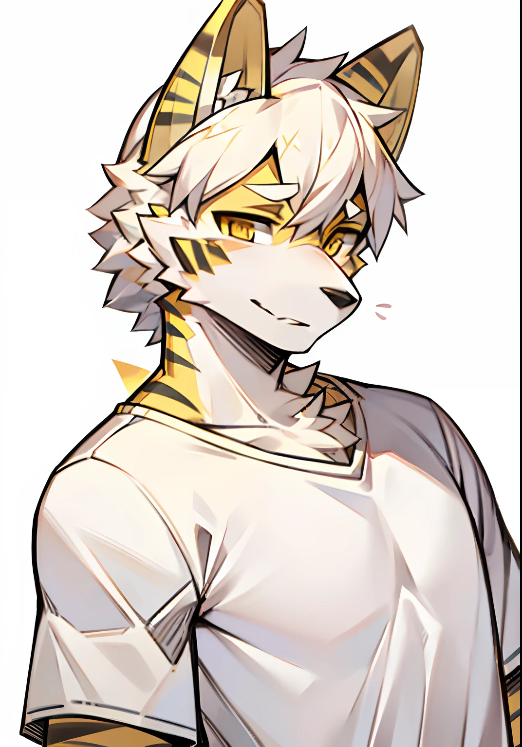Solo, handsome, white wolf, yellow stripes on ears, bust, white t-shirt, golden eyes, gold headphones