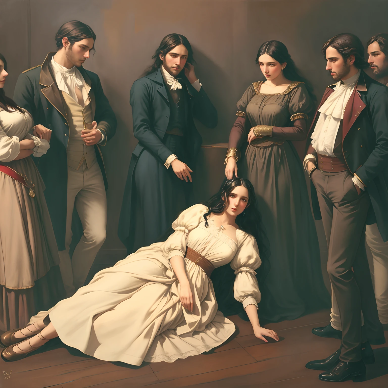 Painting of a woman lying on the floor with a group of people, inspirado em Francesco Hayez, No estilo de arte de Bowater, mourning family, inspirado em Vasily Perov, inspired by Louis-Léopold Boilly, Tom Bagshaw Estilo, 1 8 5 0 s pintura de estilo, Tom Bagshaw Estilo de Arte