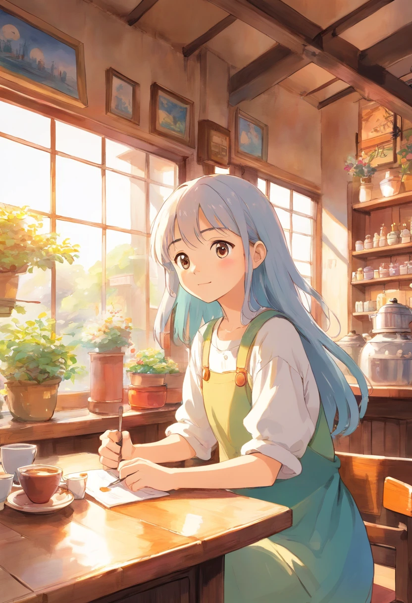 top-quality、tmasterpiece、Soft focus , Bright gradient watercolor , Dreamy , White background、Girl、coffeehouse