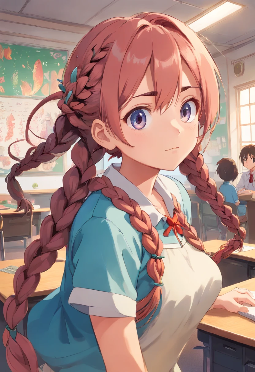 (best quality:1.2), 1girl, (fisheye, on side, confused, gradient hair, long hair, spiked hair, quad braids, large_breasts, classroom),