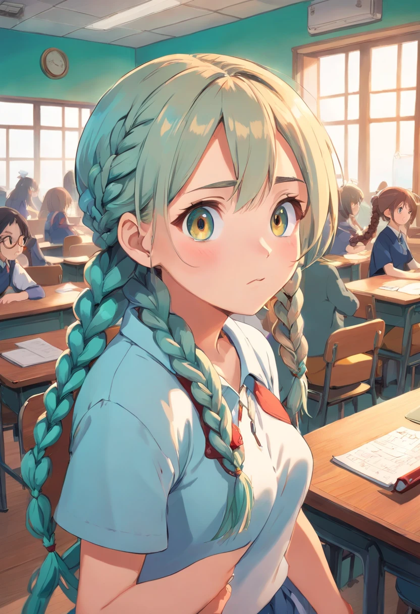 (best quality:1.2), 1girl, (fisheye, on side, confused, gradient hair, long hair, spiked hair, quad braids, large_breasts, classroom),