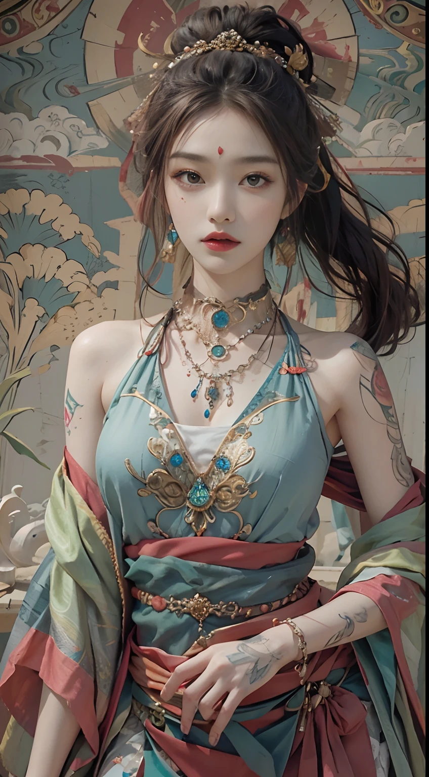Photorealistic, high resolution, 1womanl, Solo, Hips up, view the viewer, (Detailed face), dunhuang_dress, jewelry, tattoo