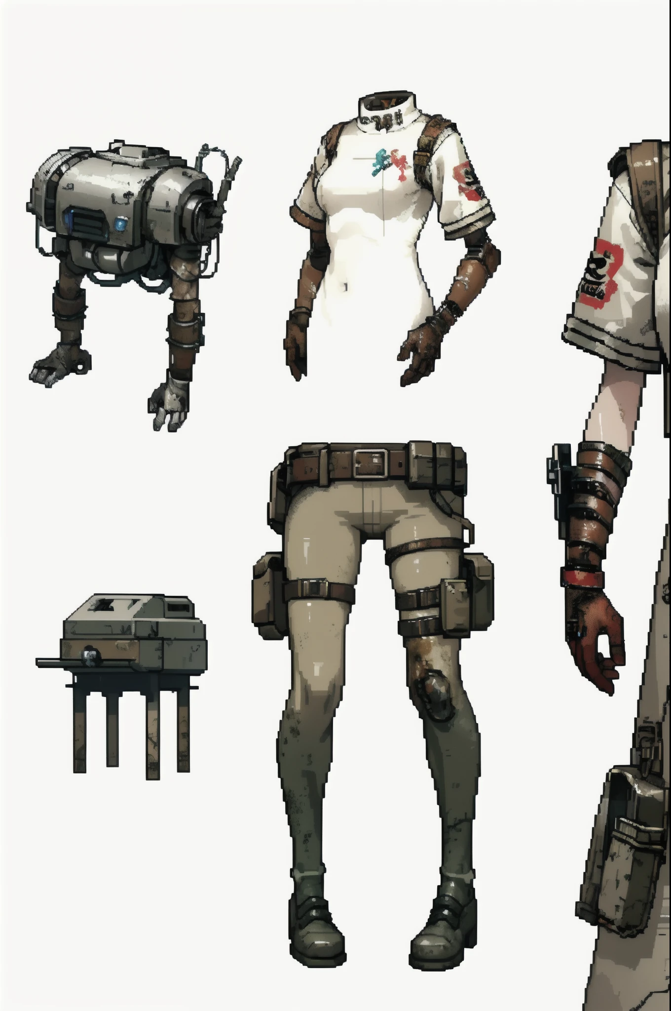 (tmasterpiece, hiquality, beste-Qualit), pixel,((The clothes)) , NOhumans, (((whitebackground))), ((( In the post-apocalyptic world of the wasteland)))), (Close-ups), ((Items))