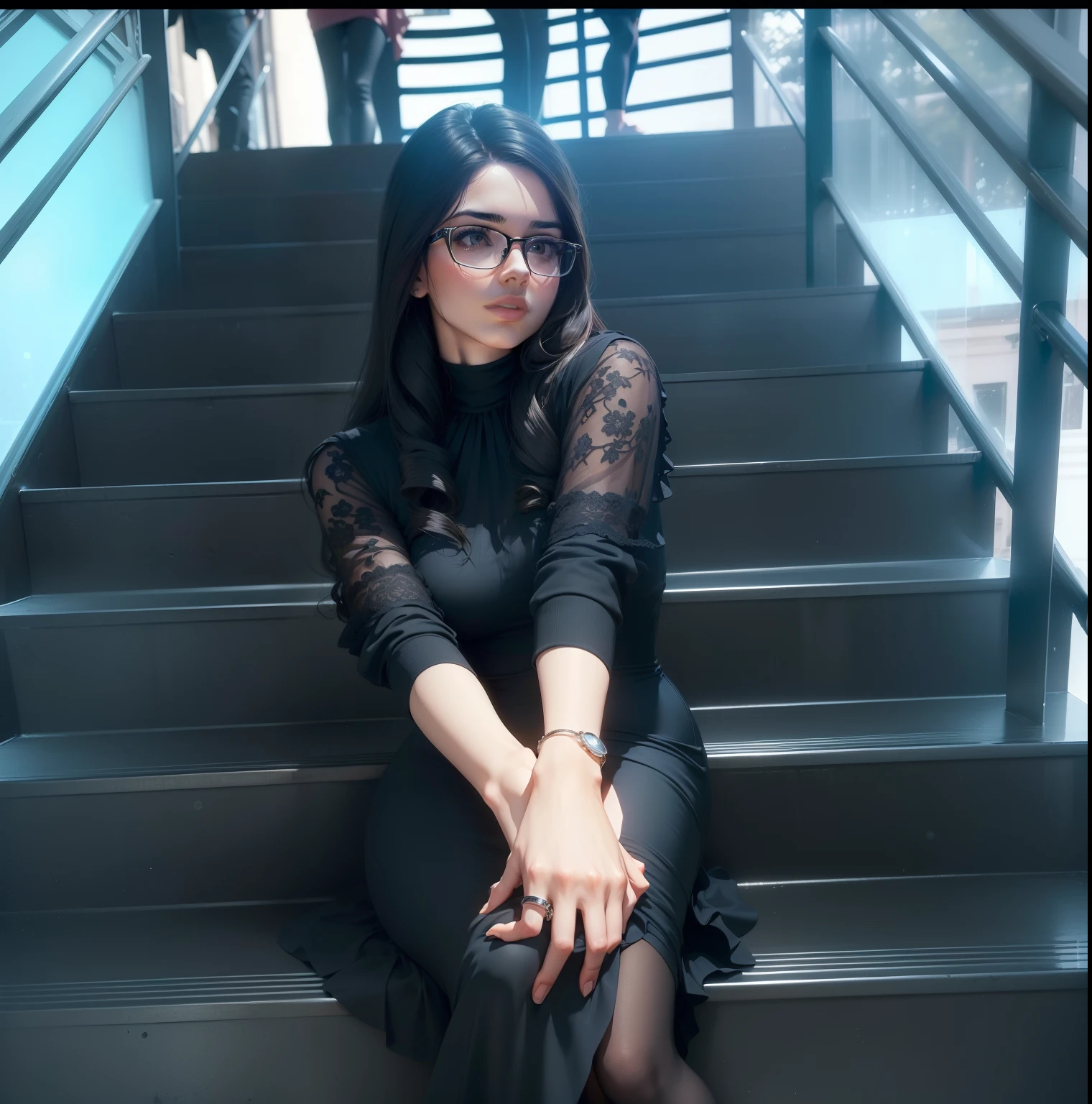 (best quality,ultra-detalhado,Realistic:1.37),vestido preto,cabelo curto entre os ombros detalhado,estilo elegante,glasses,sentado em uma escada,Detailed appearance,menina jovem bonita,artistic rendering,color lighting,sofisticado,atmosfera escura