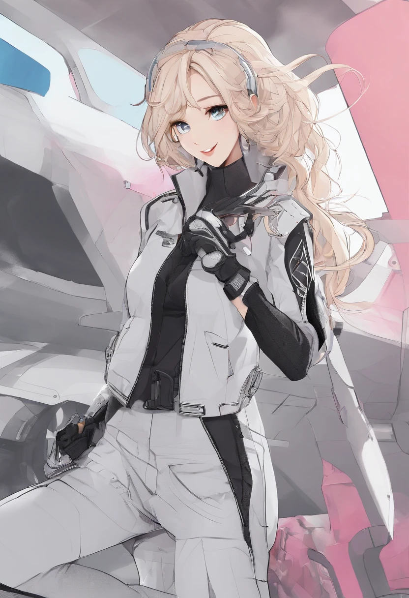 (Solo), (a detailed full-body RAW photo of a girl), (masutepiece:1.0), (Best Quality:1.4), (超A high resolution:1.2), (Photorealistic:1.4), 8K resolution, Canon EOS R5, 50 millimeters, absurderes, ultra-detailliert, (18year old), Sharp Focus, Cinematic lighting, Detailed beautiful face, (Heavy makeup), (ulzzang -6500-v1.1), petite figure, Detailed skin texture, pale skin, flat chest, (Pale :0.5), (skinny and fit body:1.3), Thigh gap, detailed long blond hair, hair messy, (Avril Lavigne:0.7), Smiling, (Futuristic fashion, street wear, High-tech fabrics, racing suit, Fireproof material, Elbow and knee pads, racing gloves:1.1), facing, (Kpop Idol), (azur lane\), Cityscape, Outdoors, ((white+Pink Theme)),