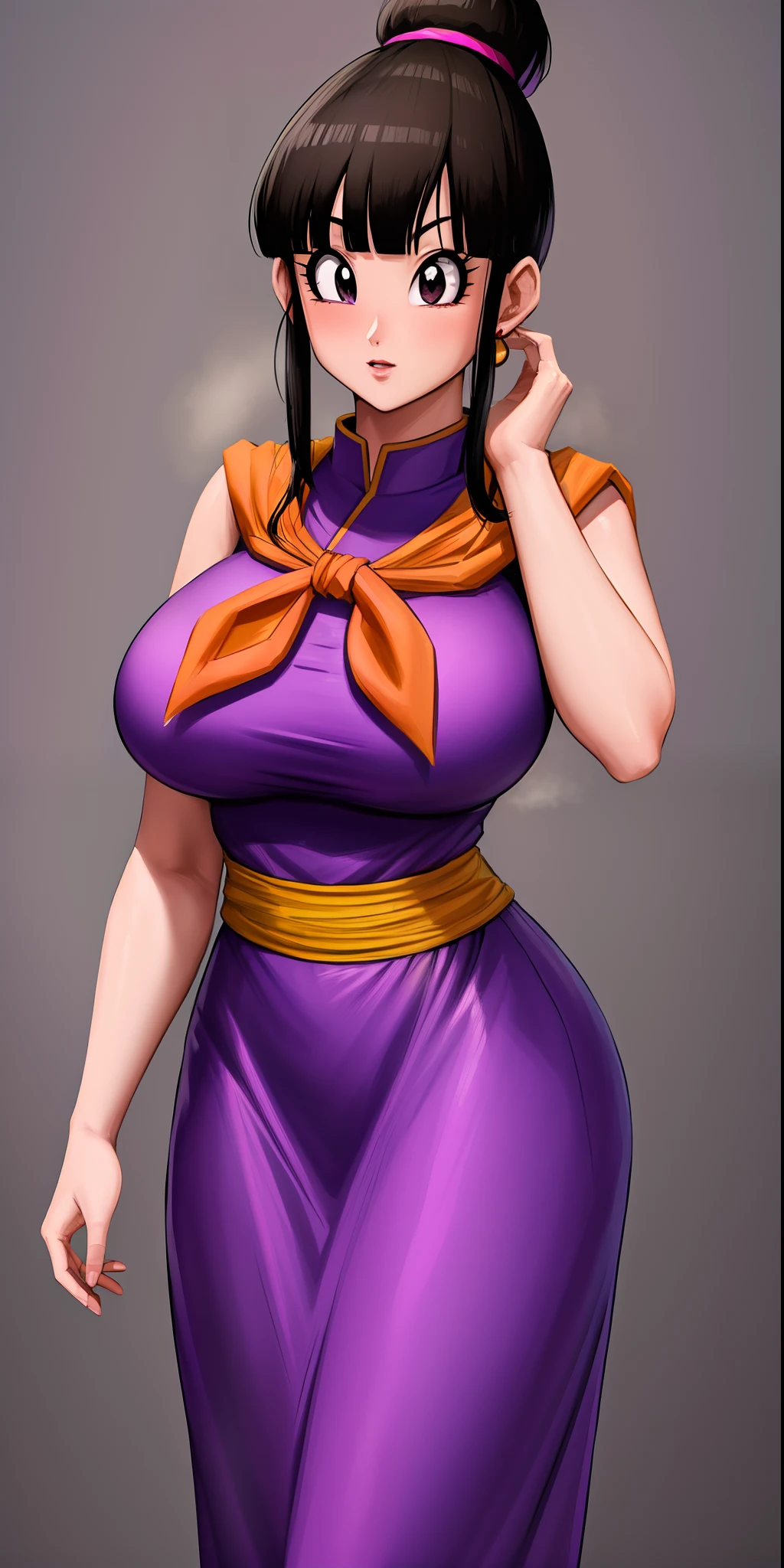 chichi_dbz, standing, solo, large_breasts, Purple_Dress_Orange_Neckerchief, masterpiece, best quality, detailed face, detailed eyes, highres,