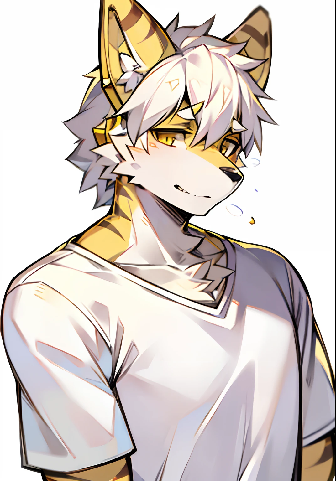 Solo, handsome, white wolf, yellow stripes on ears, bust, white t-shirt, golden eyes, gold headphones