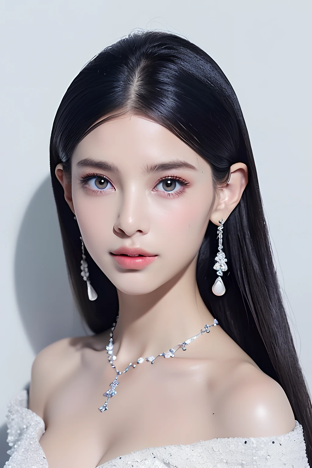 (extra detailed body、extra detailed face、best qualtiy:1.2)、femele、looking at the viewers、(Fantastico clothes、cleavage of the breast、Large shoulder-length silver earrings、Silver fancy necklace、Mode system、fashionshow)、(Stylish wall in blue, gray and white on background:1.4)