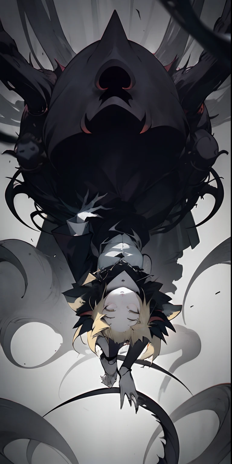 anime girl with blonde hair, epic 3 d abstract emo girl, no face, emo anime girl, inspired by Kawabata Ryūshi, demonic atmosphere, background ( dark _ smokiness ), with no face, takato yomamoto, gapmoe yandere grimdark, melancholic!!, [ digital art ]!!