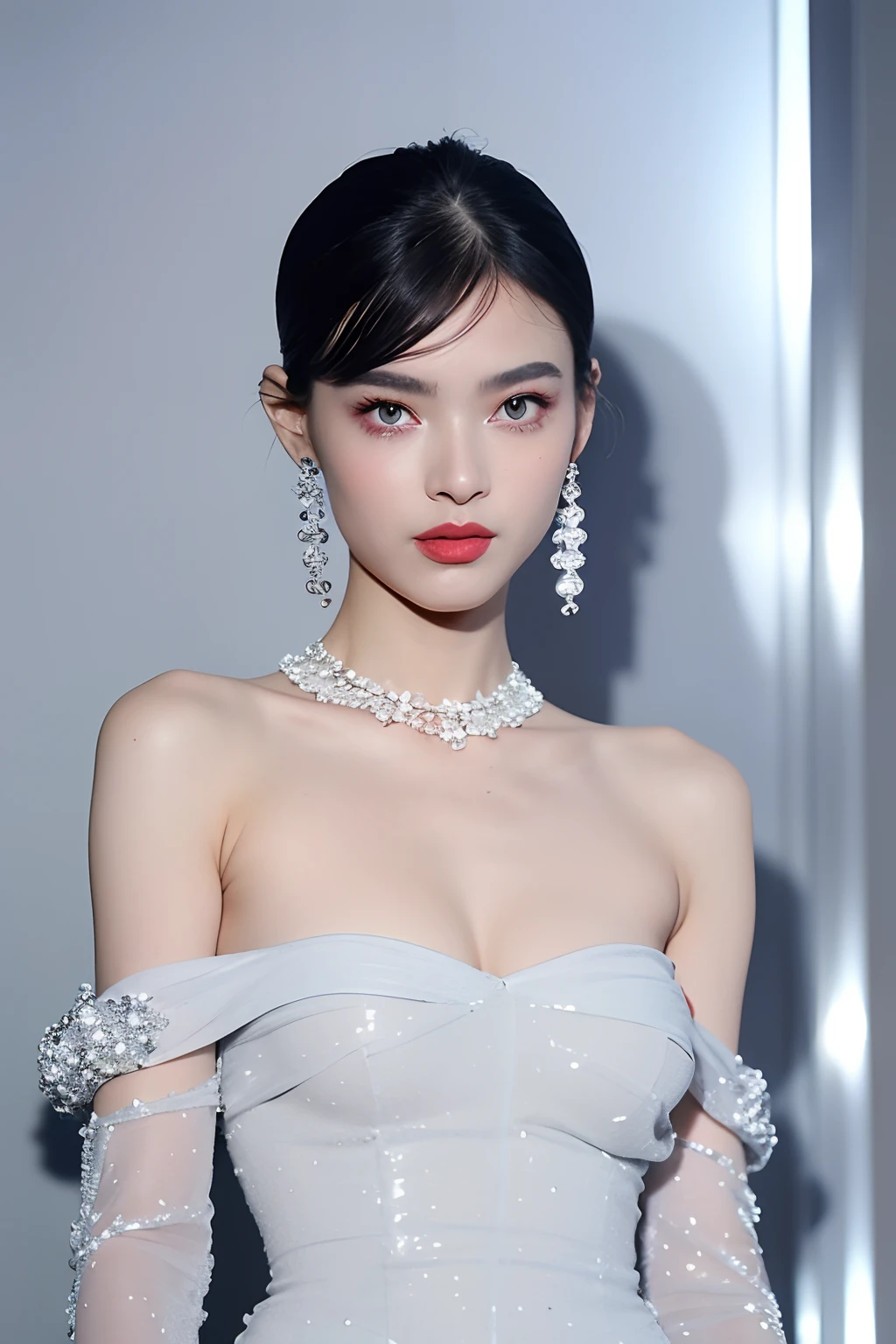 (extra detailed body、extra detailed face、best qualtiy:1.2)、femele、looking at the viewers、(Wacky fashion、Gaultier worldview、Large shoulder-length silver earrings、Silver fancy necklace、Mode system、fashionshow)、(Stylish wall in blue, gray and white on background:1.4)