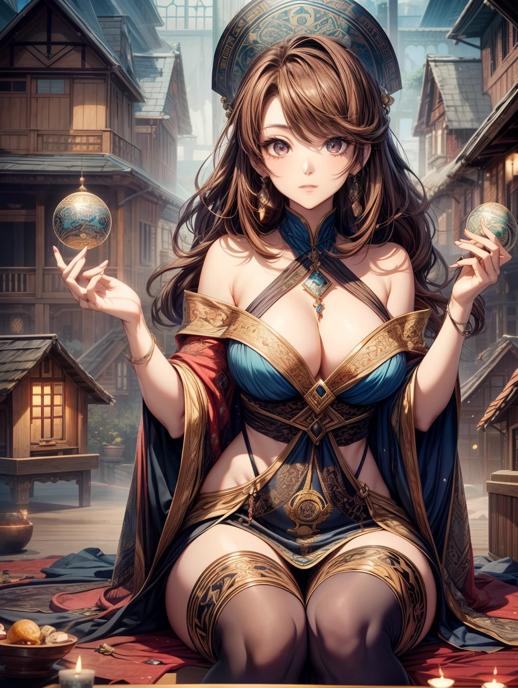 Best Quality, masutepiece, beautiful mature women、Beautiful face、Strong-minded woman、fortune teller、brown haired、Brown-eyed、Longhaire、Undersized eyes、Crystal jade、(((House of fortune telling)))