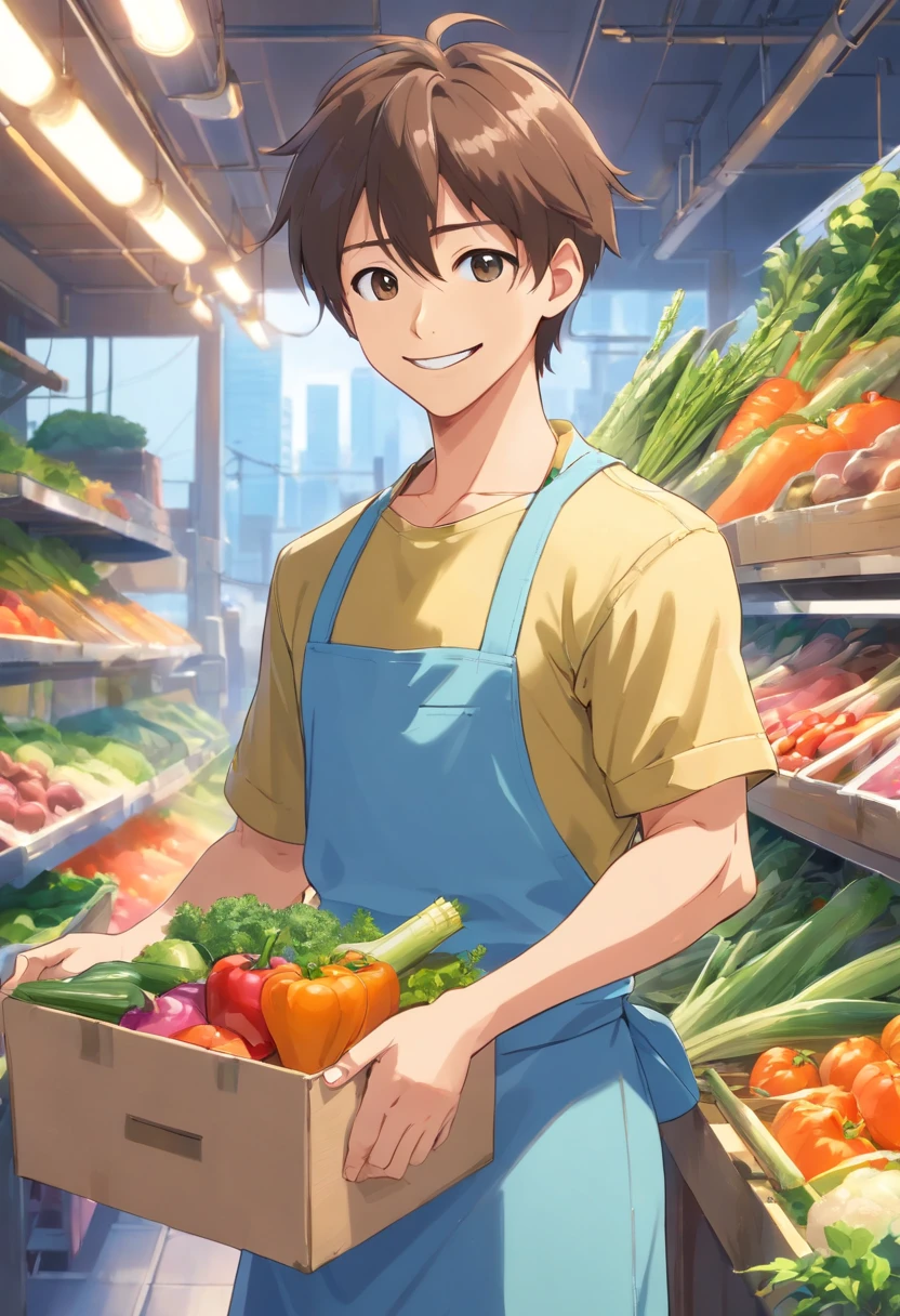 Smiling muscular man in apron holding a box of vegetables，thumb up, advertisement picture, advertising photograph, wearing apron, promo image, personal profile picture, gardening, farmer, promo art, Home and garden, Handsome man, attractive and good looking, professional picture, Attractive man, professional profile picture, high quality portrait, very professional, As well as handymen