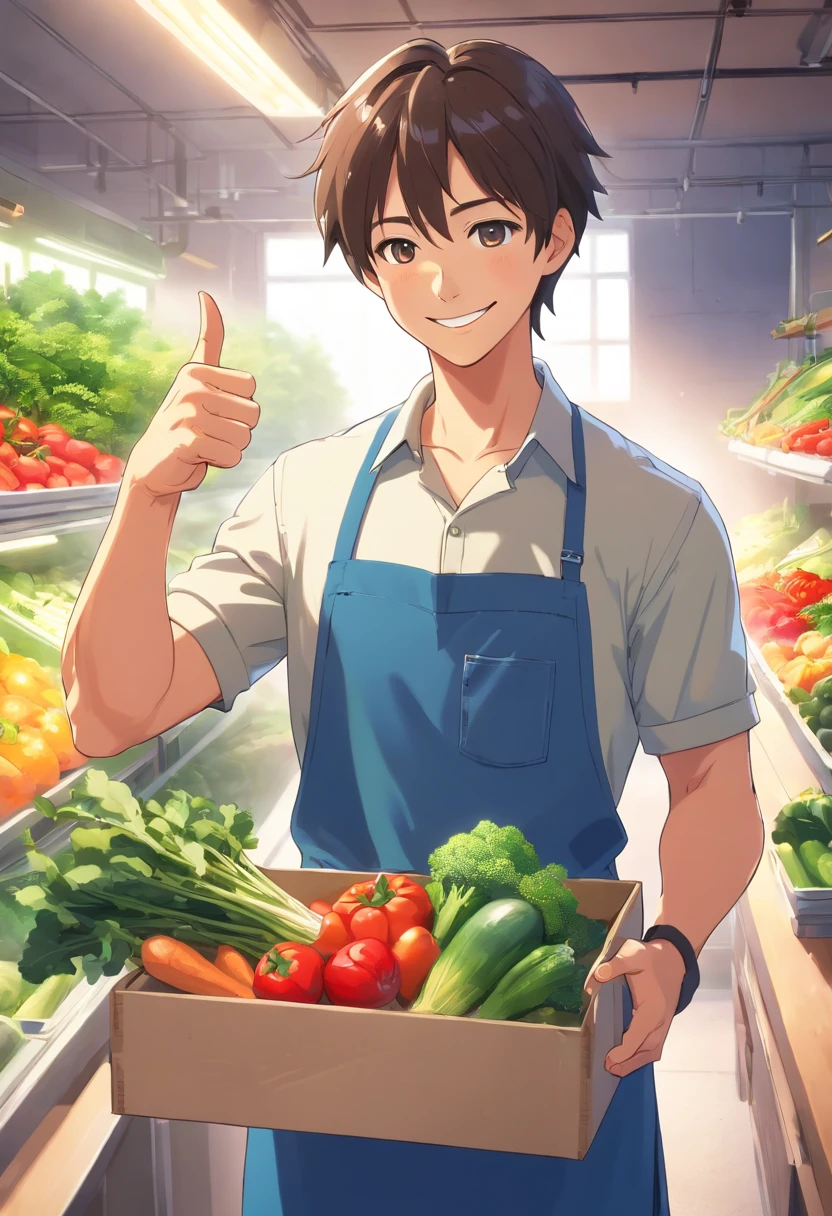 Smiling muscular man in apron holding a box of vegetables，thumb up, advertisement picture, advertising photograph, wearing apron, promo image, personal profile picture, gardening, farmer, promo art, Home and garden, Handsome man, attractive and good looking, professional picture, Attractive man, professional profile picture, high quality portrait, very professional, As well as handymen