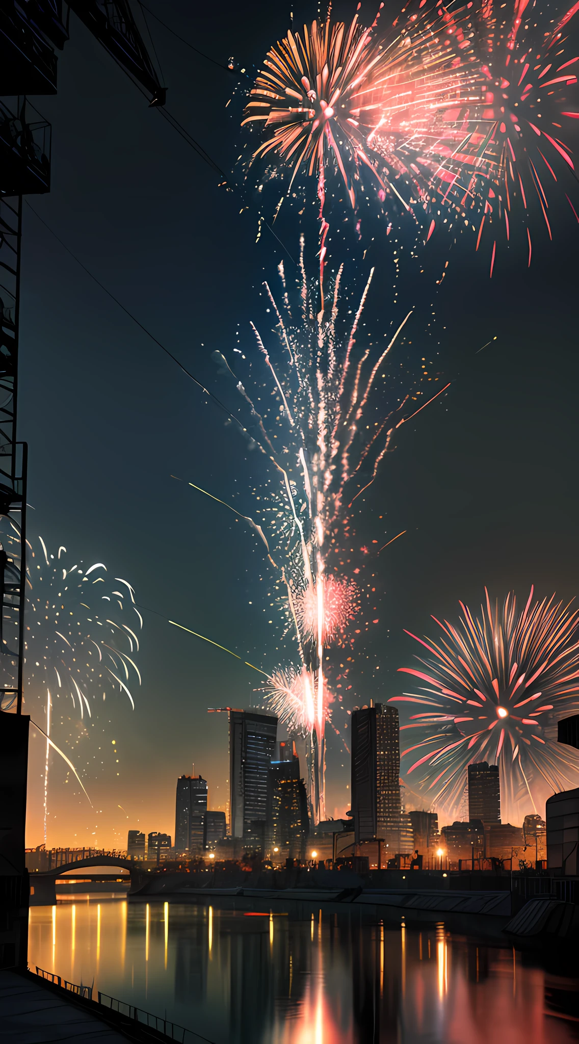 a photorealistic night scene picture of a fireworks show over a city at night, fireworks being reflected in the river, photorealistic display of fireworks (best details, Masterpiece, best quality), night ultra detailed urban background at night, entire scene being reflected at river (best details, Masterpiece, best quality), ultra best realistic, best details, best quality, 16k, [ultra detailed], masterpiece, best quality, (extremely detailed), ultra wide shot, photorealism, depth of field, hyper realistic picture, 3D rendering