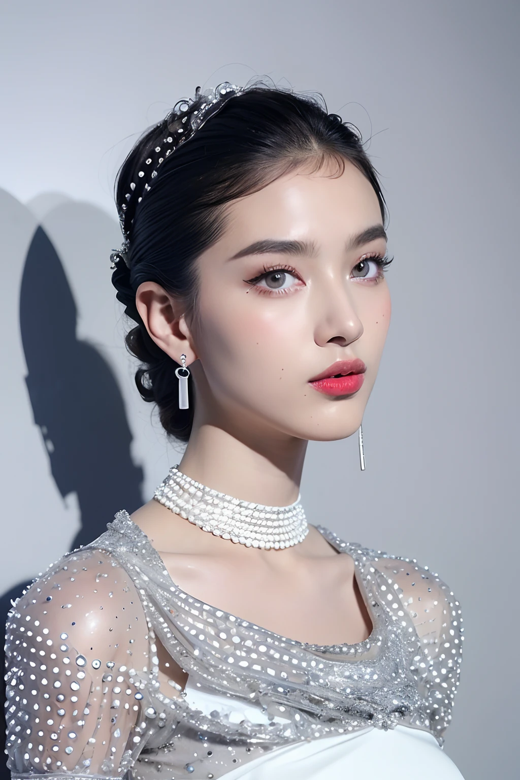 (extra detailed body、extra detailed face、best qualtiy:1.2)、femele、looking at the viewers、(Wacky fashion、Gaultier worldview、Large shoulder-length silver earrings、Silver fancy necklace、Mode system、fashionshow)、(Stylish wall in blue, gray and white on background:1.4)