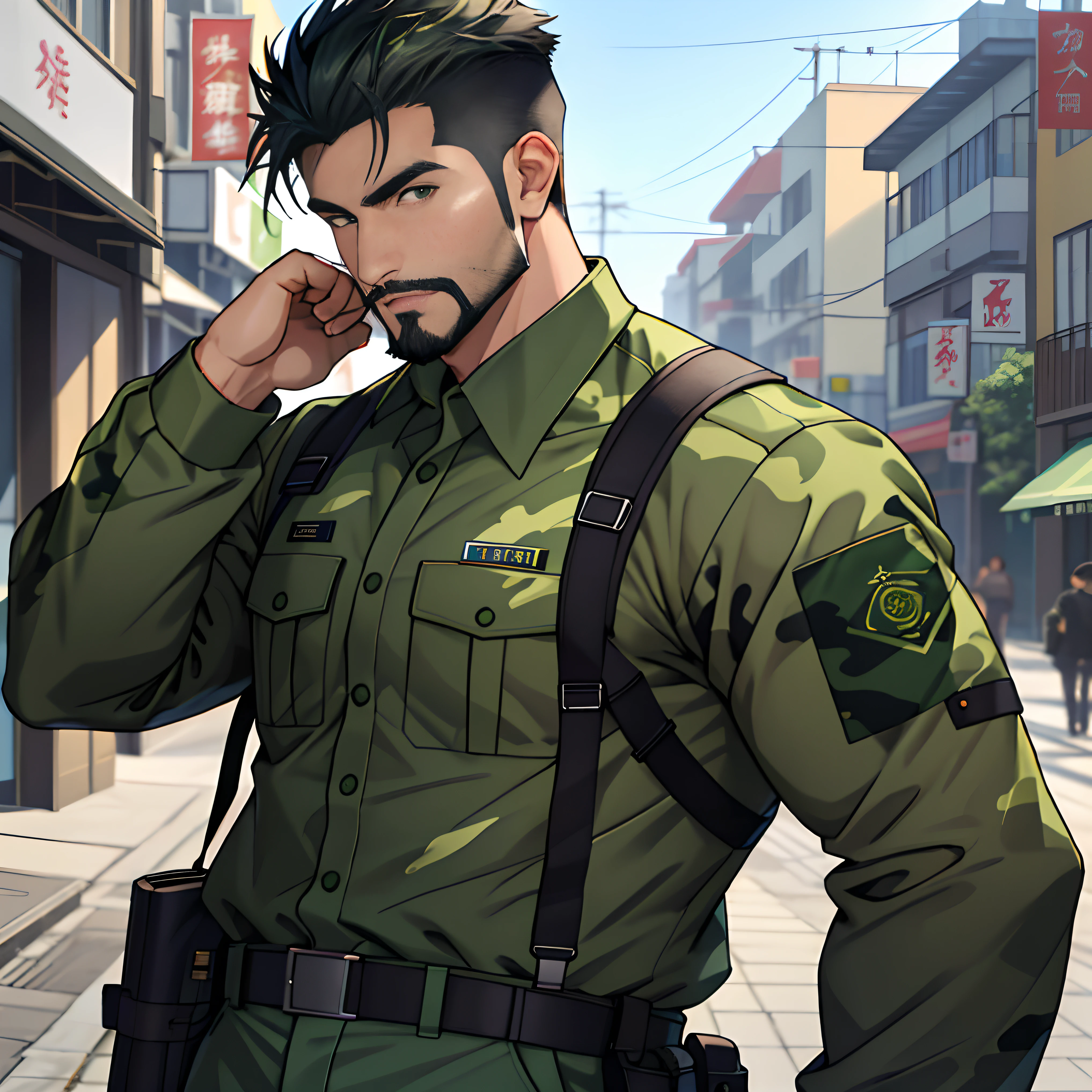 best qualtiy, tmasterpiece, 超高分辨率, detailedbackground, photorealestic, illustratio, Single, 1 boy, Young, Handsome, Mature man, sbeard, swat, the street, musculature, Facial hair, Volumetriclighting, depth of fields, (Green camouflage uniform)