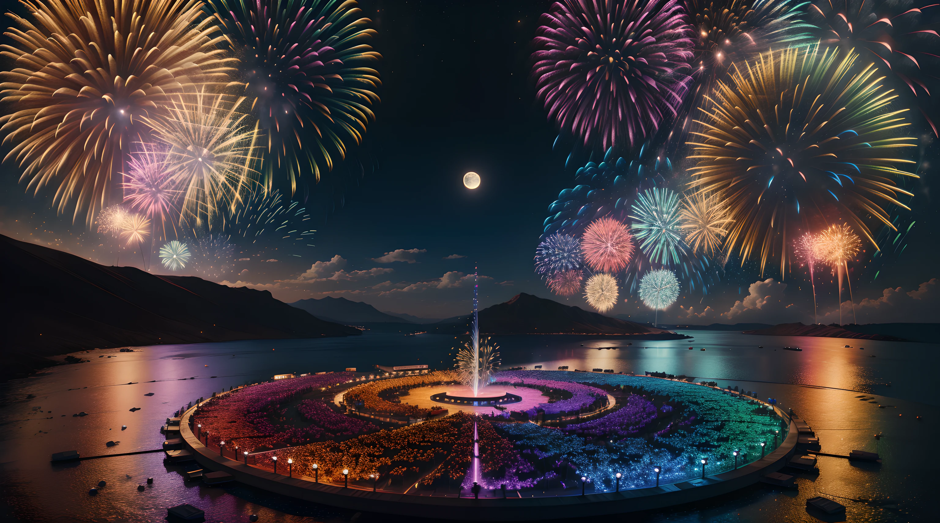 (masterpiece, best quality, ultra_detailed, highres,absurdres:1.2), create a beautiful artwork of fireworks viewed from a magical place near the moon, 8k resolution, illustration