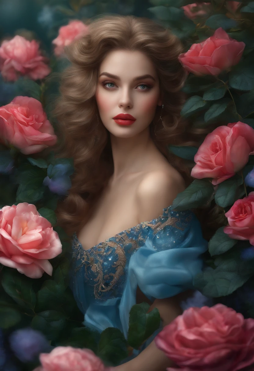 That's realistic (((fantasia))) Obra de arte ambientada no jardim de rosas azul congelado de um castelo de gelo encantado no inverno e deve consistir em muitos tons de cores azuis frias. It's snowing a lot. Gere uma mulher orgulhosa com um (((Rosto altamente detalhado))) dressed in the folds of a dazzling French silk ball gown. The elegant face of the woman is ((((altamente detalhado, with realistic and smooth features, puffy lips.)))) The ball gown is embellished with ruffles, Faixas, e arcos e um, mas intrinsecamente, Hand-embroidered bodice. O espartilho apresenta fita de seda. She is wearing Victorian royal winter outerwear.. The woman's stunning eyes are beautifully detailed, with realistic shading and multiple colors, and in high resolution. The woman is in a garden of eternal roses, cada um lindamente formado e altamente detalhado. Estas rosas azuis realistas apresentam tons cintilantes de azul claro, azul escuro, prata, and shimmering blue-purple. The eternal rose is a deep shade of periwinkle with shimmering iridescent tones and undertones. Garantir que o rosto da mulher, Hair, and the eyes are perfect. realismo, alta fantasia, fantasia caprichosa, storybook fantasy, fantasia de conto de fadas, Detalhes da fantasia, Encantadora, Encantadora, 8k, Contrata, .cgi, pintura digital, unidade, Motor irreal, (((master part))), intrincado, elegante, altamente detalhado, majestoso, fotografia digital, Arte de Artgerm e Ruan Jia e Greg Rutkowski, (master part, belos olhos finamente detalhados: 1.2), HDR, textura de pele realista, (((1Mulher))), (((sozinho))), Inclua um rosto altamente detalhado, Rosto extremamente detalhado, e fundo interessante.,olhos verdes claros,cabelo azul claro,fantasia de anjo